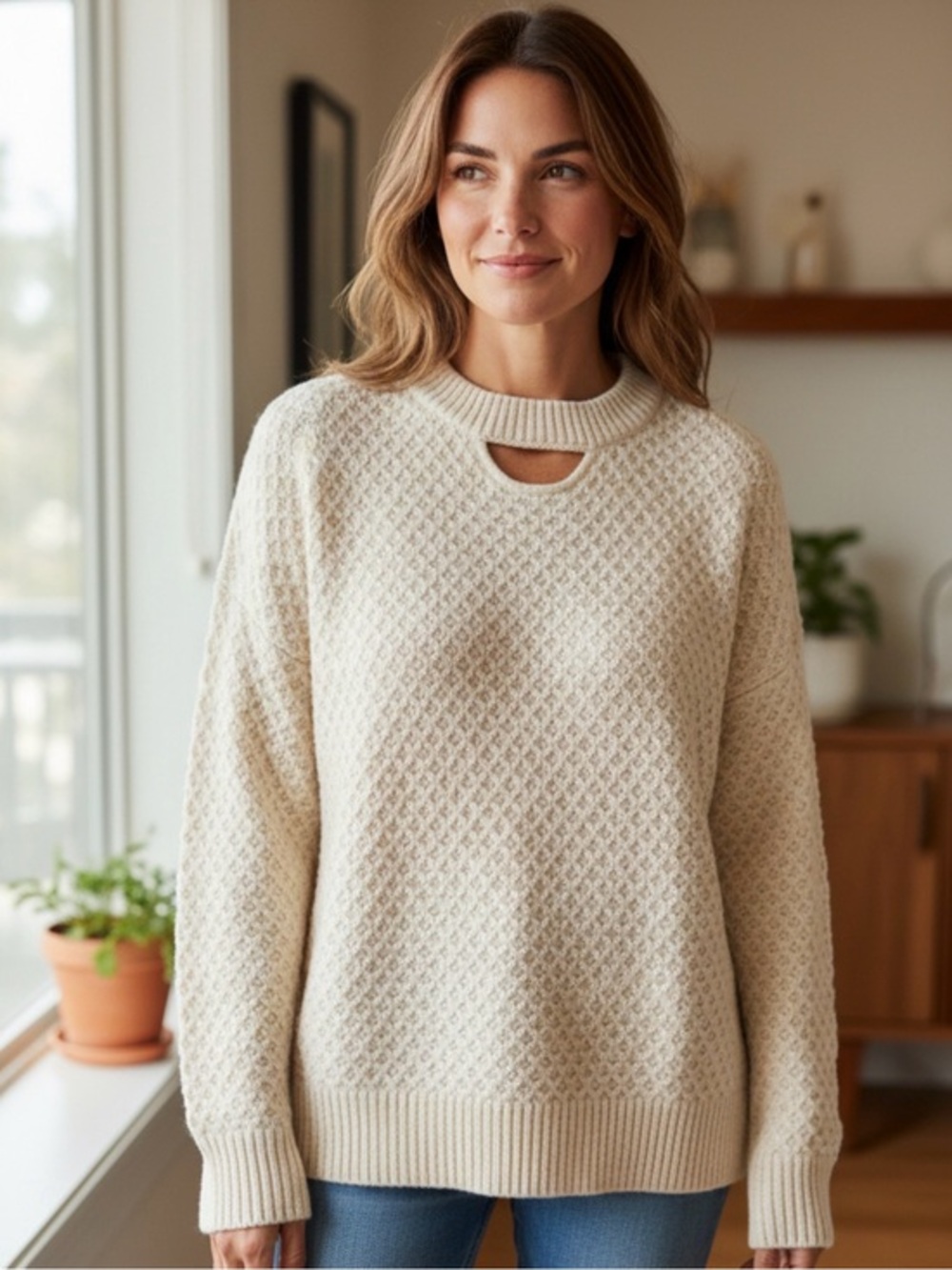 🫶🏻 Coco + Carmen Cream Textured Cutout Crewneck Sweater